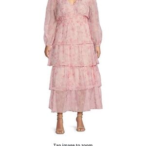 Tiered V Neck Elegant Pink Long Sleeve Dress Plus Size 3X